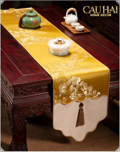 Tết Couture - Khăn Trải Bàn Kim Diệp Hoàng Ngân 2m4 Luxury Embroidered Silk Table Runner-KHĂN TRẢI BÀN-CẬU HAI HOME DECOR