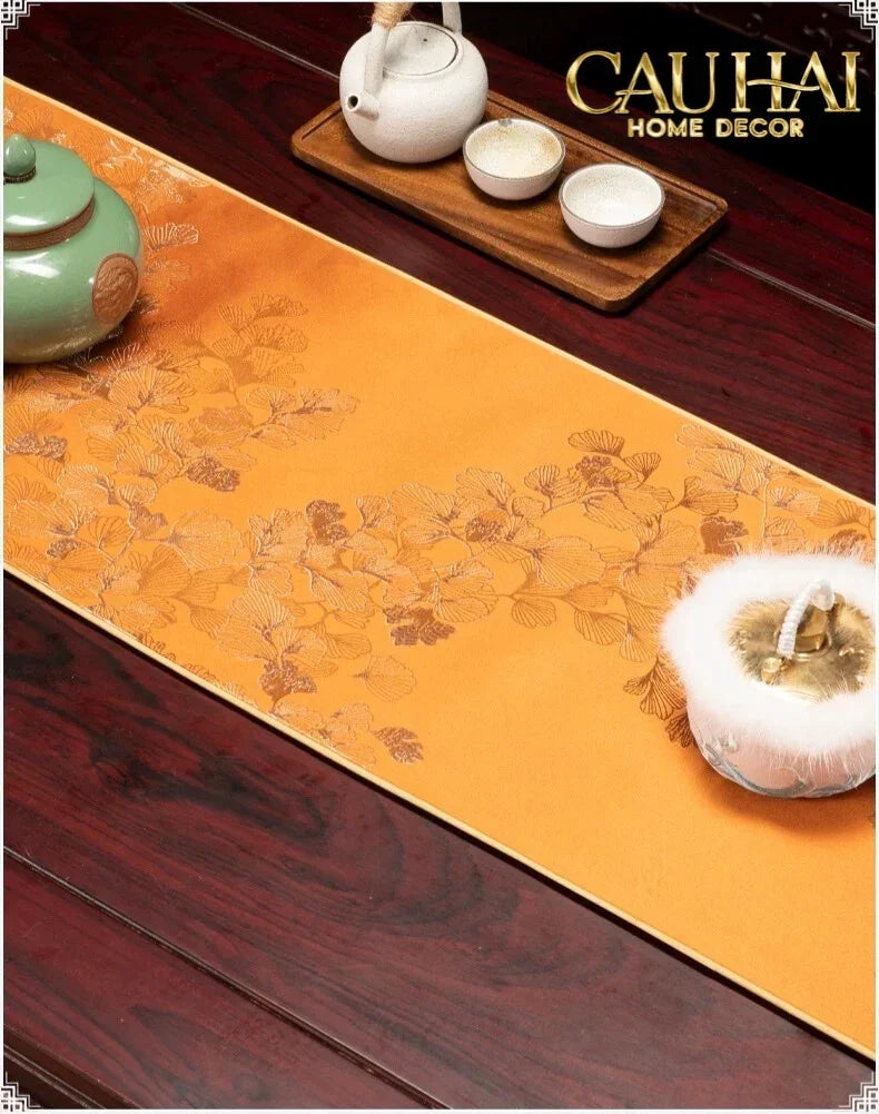 Tết Couture - Khăn Trải Bàn Kim Diệp Hoàng Ngân 2m4 Luxury Embroidered Silk Table Runner-KHĂN TRẢI BÀN-CẬU HAI HOME DECOR