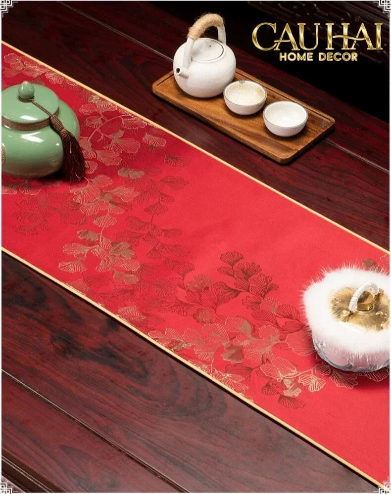 Tết Couture - Khăn Trải Bàn Kim Diệp Hoàng Ngân 2m4 Luxury Embroidered Silk Table Runner-KHĂN TRẢI BÀN-CẬU HAI HOME DECOR