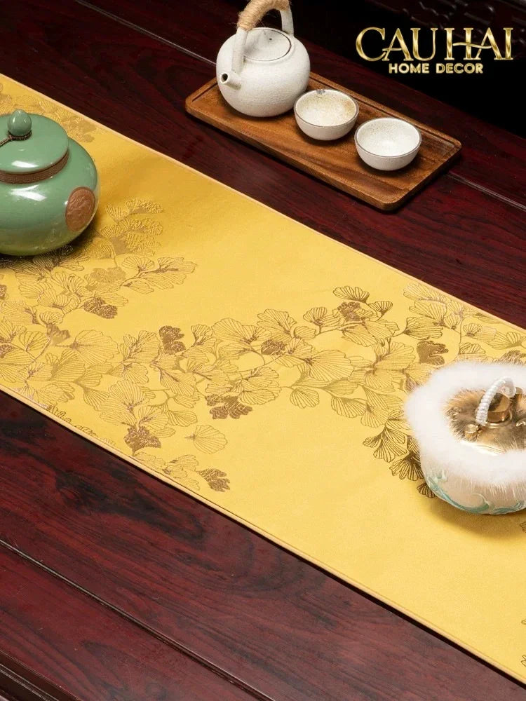 Tết Couture - Khăn Trải Bàn Kim Diệp Hoàng Ngân 2m4 Luxury Embroidered Silk Table Runner-KHĂN TRẢI BÀN-CẬU HAI HOME DECOR