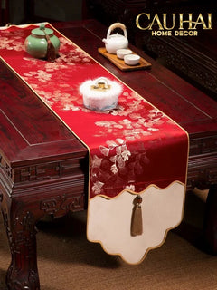 Tết Couture - Khăn Trải Bàn Kim Diệp Hoàng Ngân 2m4 Luxury Embroidered Silk Table Runner-KHĂN TRẢI BÀN-CẬU HAI HOME DECOR