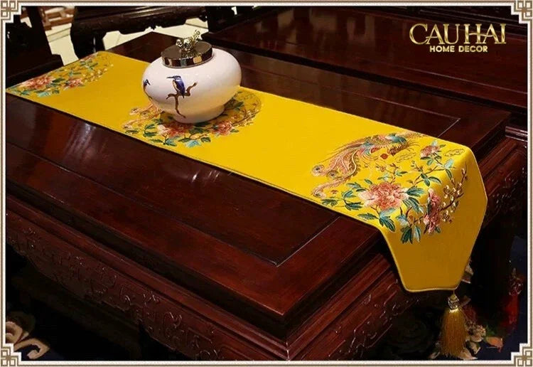 Tết Couture - Khăn Trải Bàn Kim Loan Tường Hoà 2m1x33 Luxury Embroidered Silk Table Runner-KHĂN TRẢI BÀN-CẬU HAI HOME DECOR