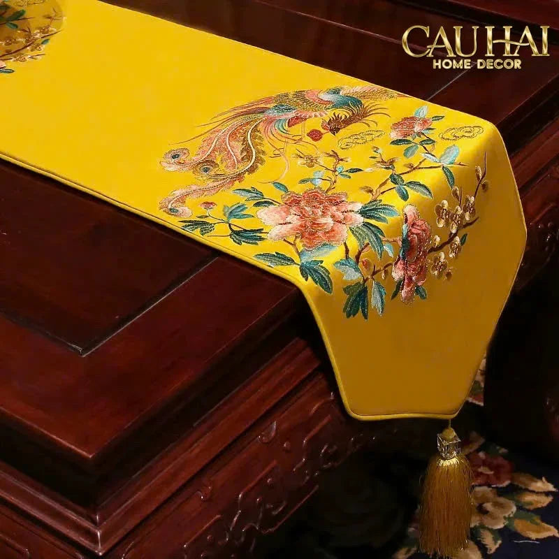 Tết Couture - Khăn Trải Bàn Kim Loan Tường Hoà 2m1x33 Luxury Embroidered Silk Table Runner-KHĂN TRẢI BÀN-Đối tác tại Trung Quốc theo từng đơn đặt hàng-CẬU HAI HOME DECOR