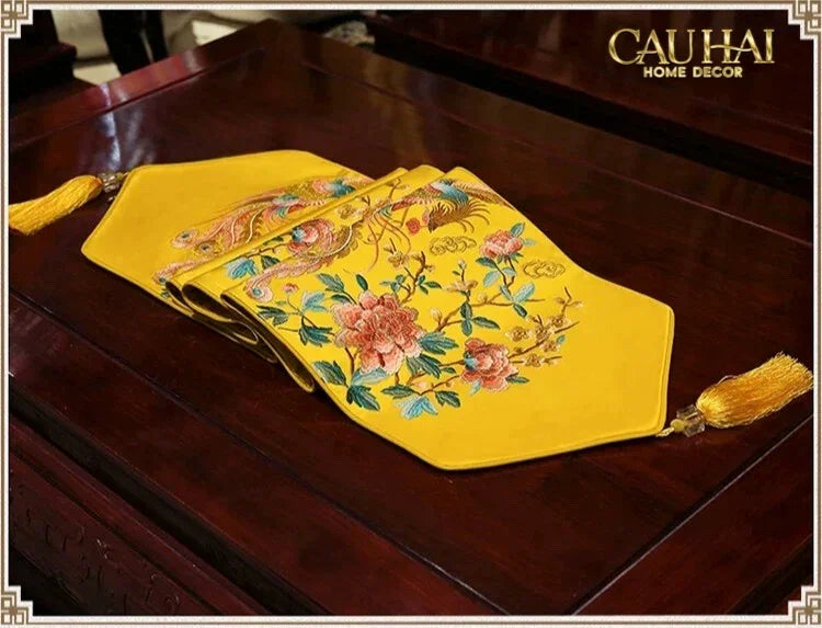 Tết Couture - Khăn Trải Bàn Kim Loan Tường Hoà 2m1x33 Luxury Embroidered Silk Table Runner-KHĂN TRẢI BÀN-Đối tác tại Trung Quốc theo từng đơn đặt hàng-CẬU HAI HOME DECOR