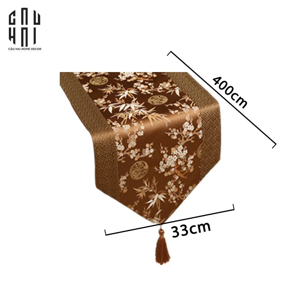 Tết Couture - Khăn Trải Bàn Lụa Satin Mai Lan Cúc Trúc Luxury Brocade Silk Table Runner 4M-KHĂN TRẢI BÀN-CẬU HAI HOME DECOR