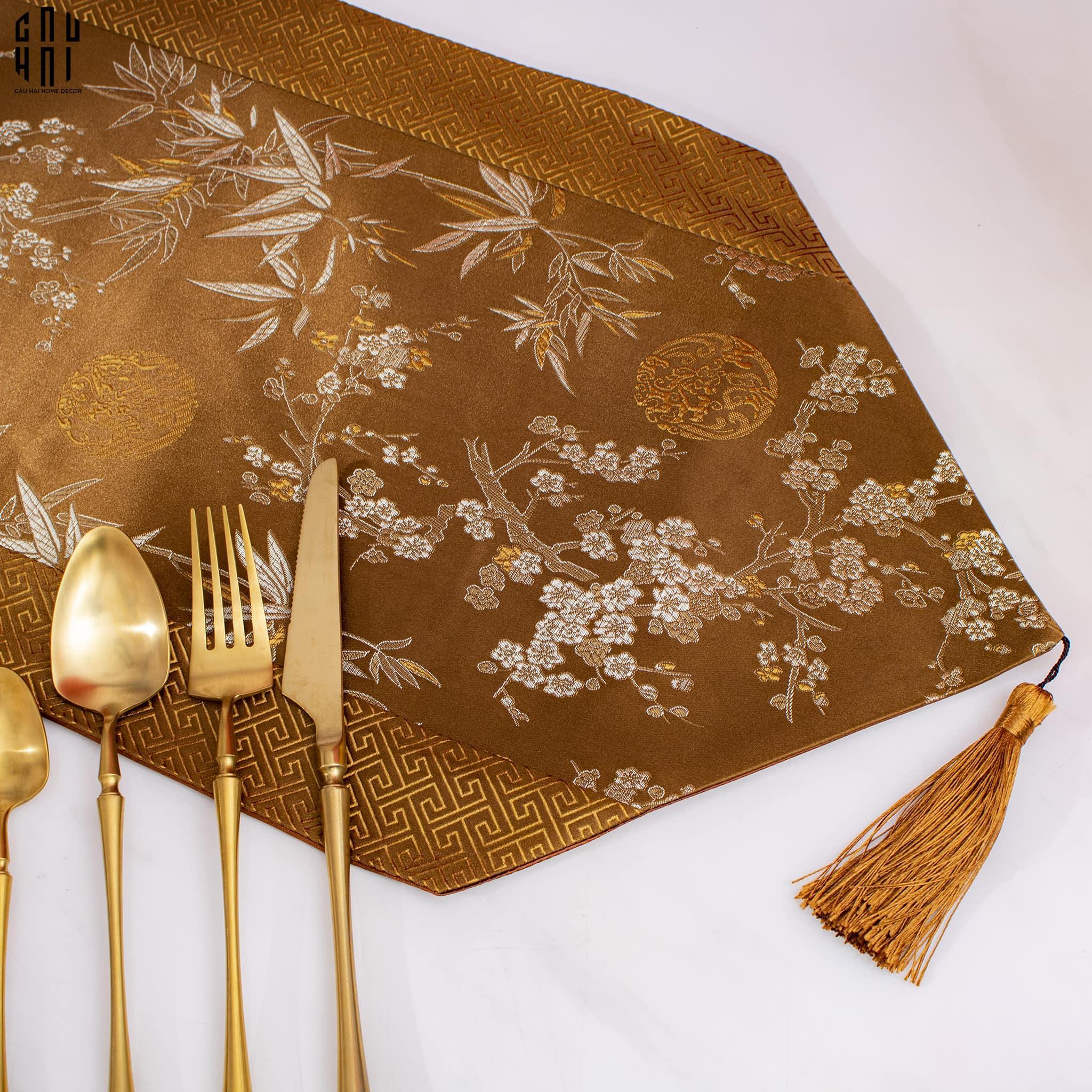 Tết Couture - Khăn Trải Bàn Lụa Satin Mai Lan Cúc Trúc Luxury Brocade Silk Table Runner 4M-KHĂN TRẢI BÀN-CẬU HAI HOME DECOR