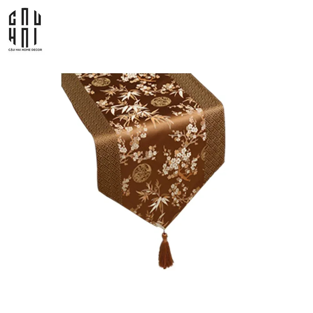 Tết Couture - Khăn Trải Bàn Lụa Satin Mai Lan Cúc Trúc Luxury Brocade Silk Table Runner 4M-KHĂN TRẢI BÀN-CẬU HAI HOME DECOR