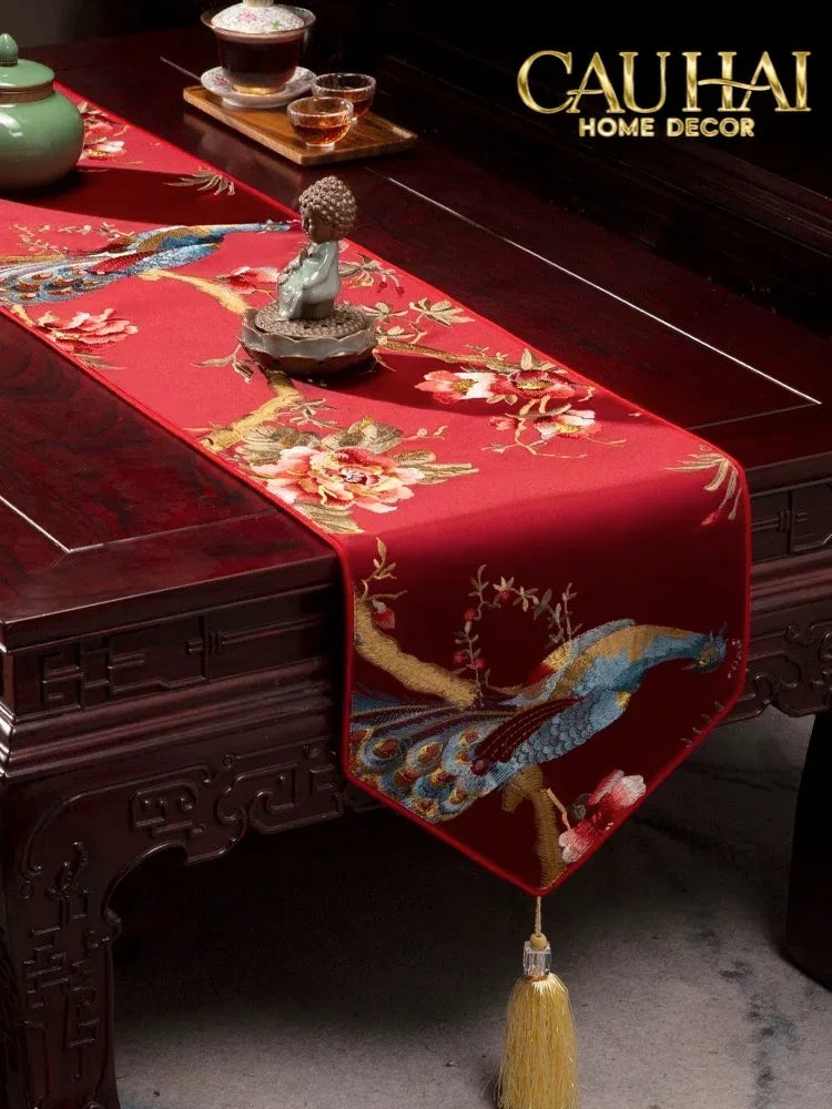 Tết Couture - Khăn Trải Bàn Lụa Thêu Chu Tước 2m4 Luxury Embroidered Silk Table Runner-KHĂN TRẢI BÀN-CẬU HAI HOME DECOR