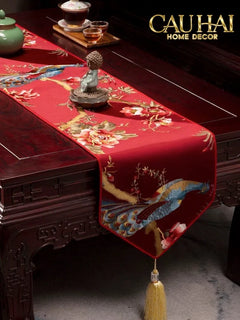 Tết Couture - Khăn Trải Bàn Lụa Thêu Chu Tước 2m4 Luxury Embroidered Silk Table Runner-KHĂN TRẢI BÀN-CẬU HAI HOME DECOR