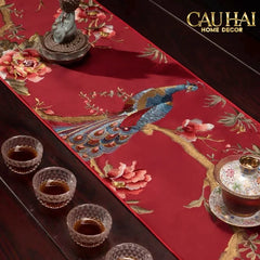 Tết Couture - Khăn Trải Bàn Lụa Thêu Chu Tước 2m4 Luxury Embroidered Silk Table Runner-KHĂN TRẢI BÀN-CẬU HAI HOME DECOR