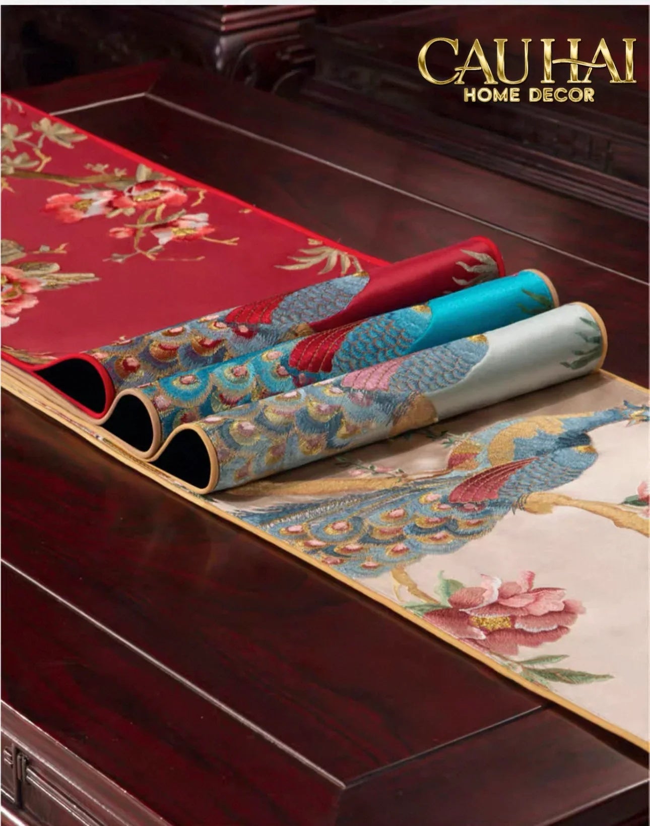 Tết Couture - Khăn Trải Bàn Lụa Thêu Chu Tước 2m4 Luxury Embroidered Silk Table Runner-KHĂN TRẢI BÀN-CẬU HAI HOME DECOR