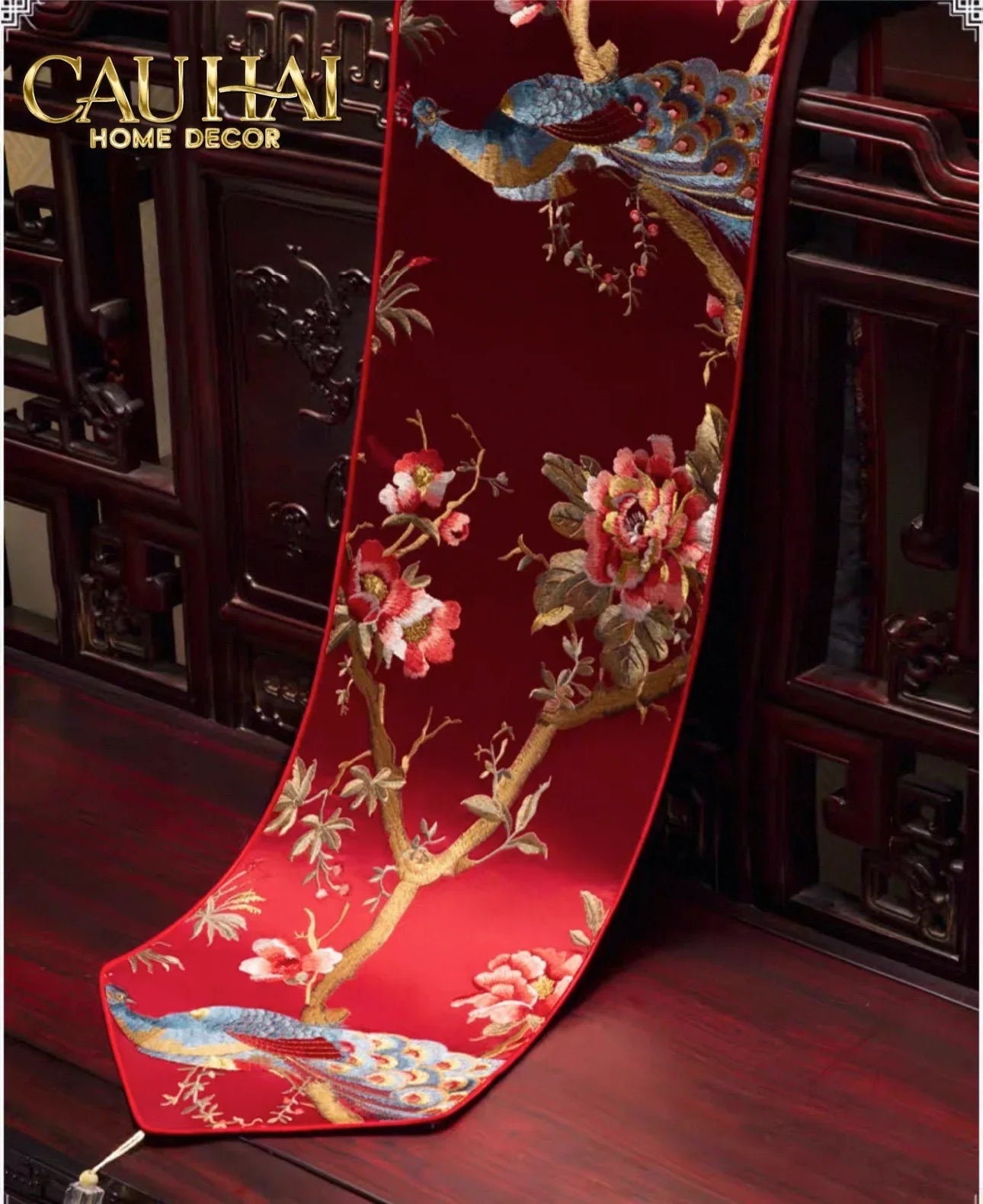 Tết Couture - Khăn Trải Bàn Lụa Thêu Chu Tước 2m4 Luxury Embroidered Silk Table Runner-KHĂN TRẢI BÀN-CẬU HAI HOME DECOR