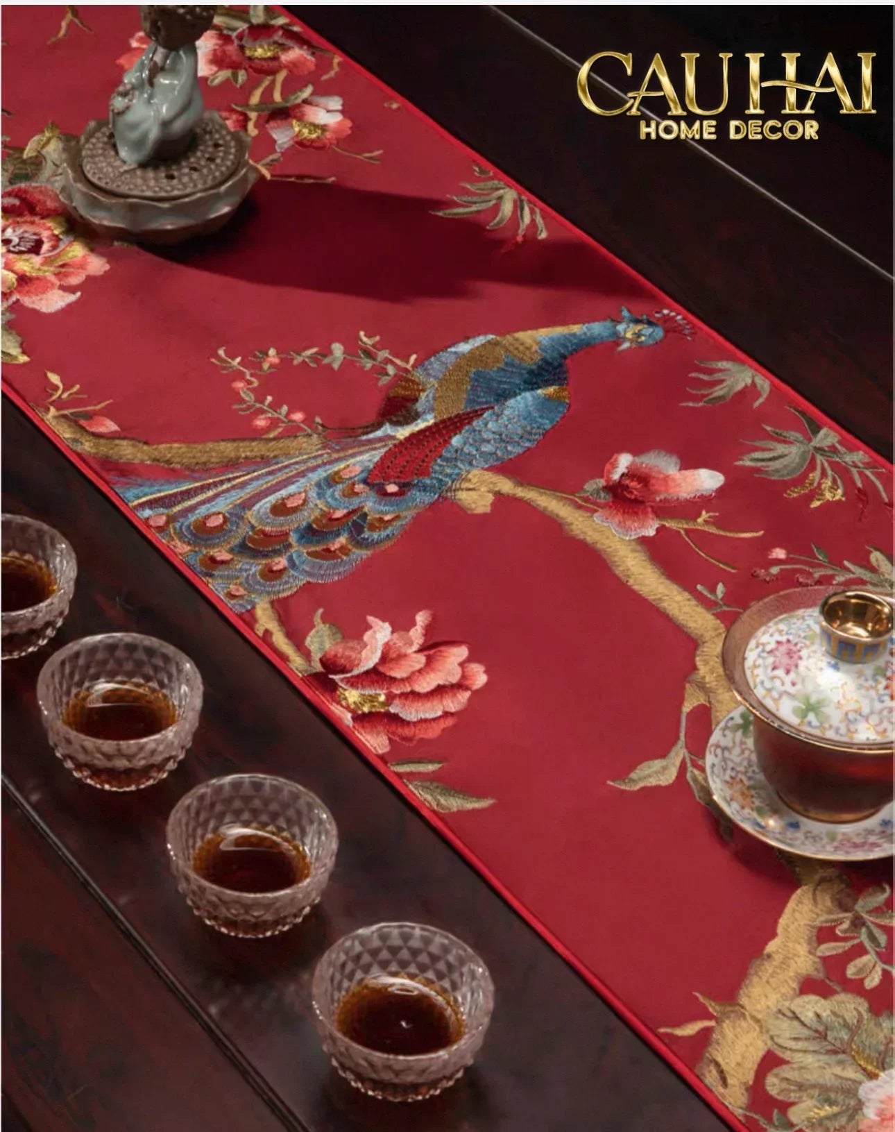 Tết Couture - Khăn Trải Bàn Lụa Thêu Chu Tước 2m4 Luxury Embroidered Silk Table Runner-KHĂN TRẢI BÀN-CẬU HAI HOME DECOR