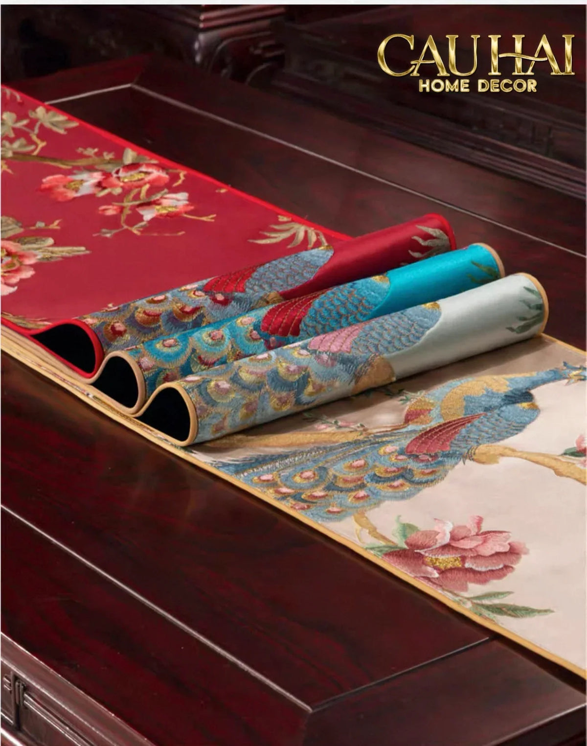 Tết Couture - Khăn Trải Bàn Lụa Thêu Chu Tước 2m4 Luxury Embroidered Silk Table Runner-KHĂN TRẢI BÀN-Đối tác tại Trung Quốc theo từng đơn đặt hàng-CẬU HAI HOME DECOR