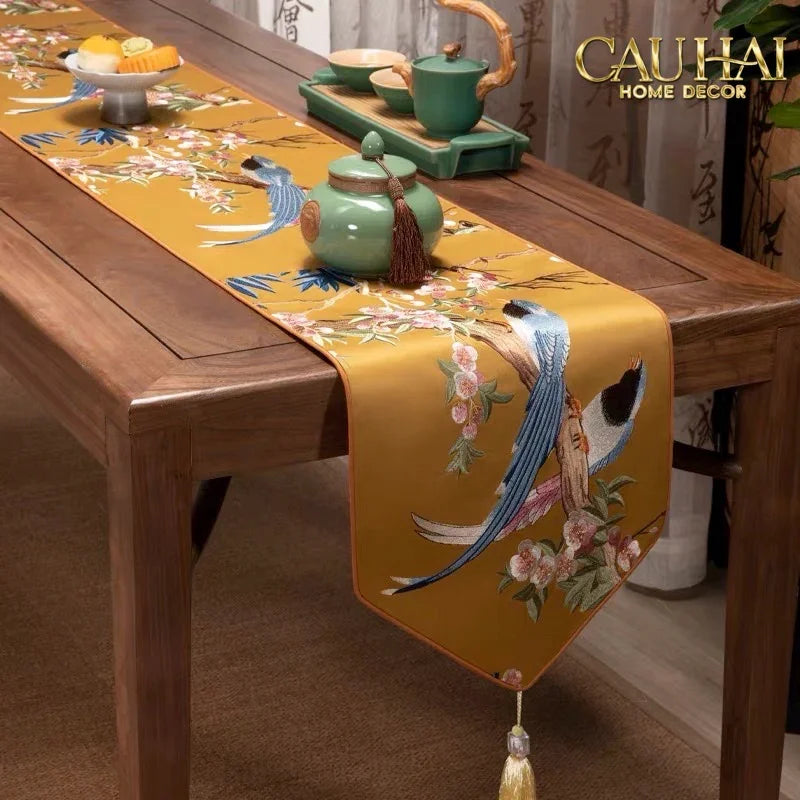 Tết Couture - Khăn Trải Bàn Lụa Thêu Kim Hoàng Điểu 2m4 Luxury Embroidered Silk Table Runner-KHĂN TRẢI BÀN-CẬU HAI HOME DECOR