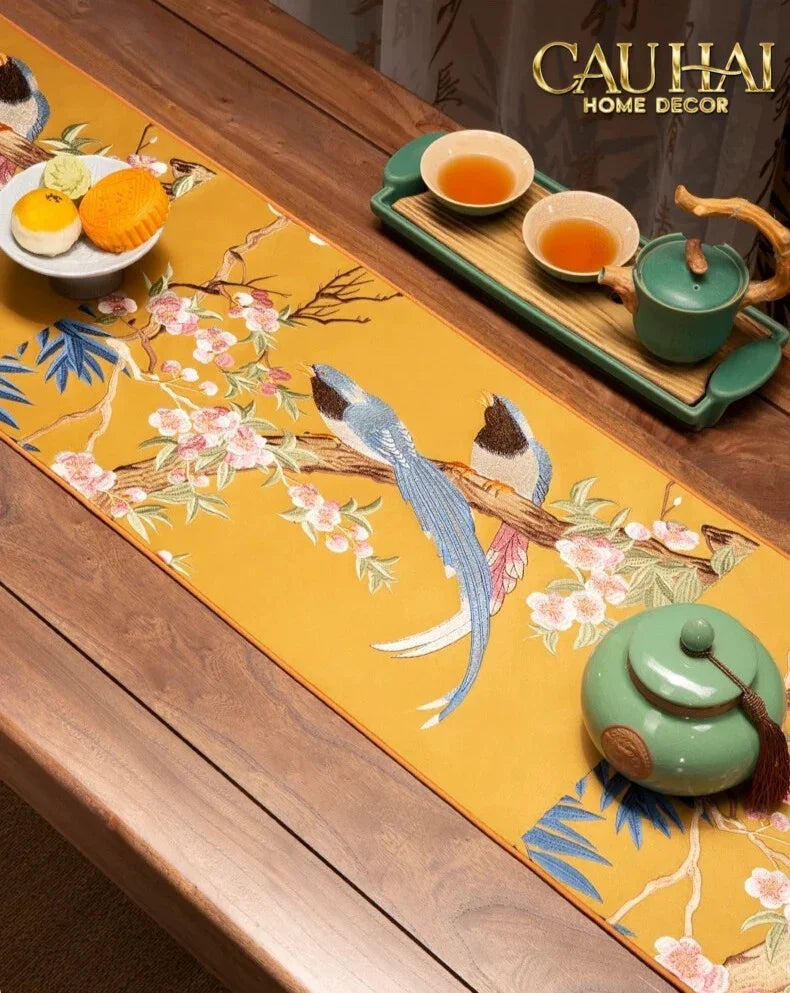 Tết Couture - Khăn Trải Bàn Lụa Thêu Kim Hoàng Điểu 2m4 Luxury Embroidered Silk Table Runner-KHĂN TRẢI BÀN-CẬU HAI HOME DECOR