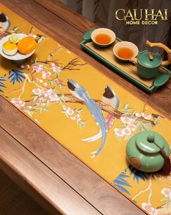 Tết Couture - Khăn Trải Bàn Lụa Thêu Kim Hoàng Điểu 2m4 Luxury Embroidered Silk Table Runner-KHĂN TRẢI BÀN-CẬU HAI HOME DECOR