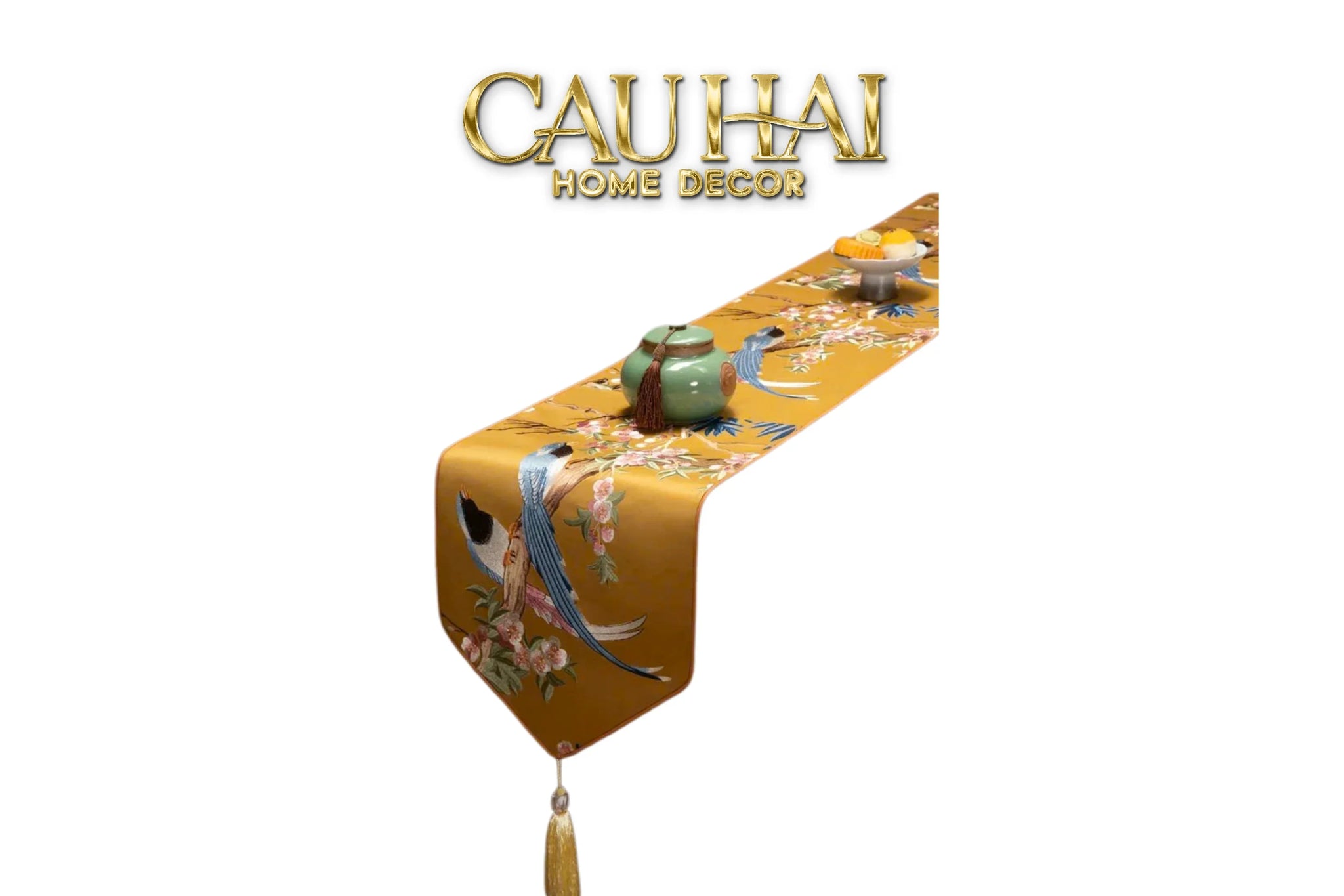 Tết Couture - Khăn Trải Bàn Lụa Thêu Kim Hoàng Điểu 2m4 Luxury Embroidered Silk Table Runner-KHĂN TRẢI BÀN-CẬU HAI HOME DECOR