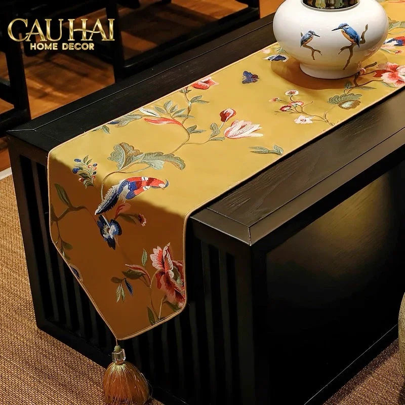Tết Couture - Khăn Trải Bàn Lụa Thêu Kim Nhã Cầm 3M Luxury Embroidered Silk Table Runnerx-KHĂN TRẢI BÀN-CẬU HAI HOME DECOR