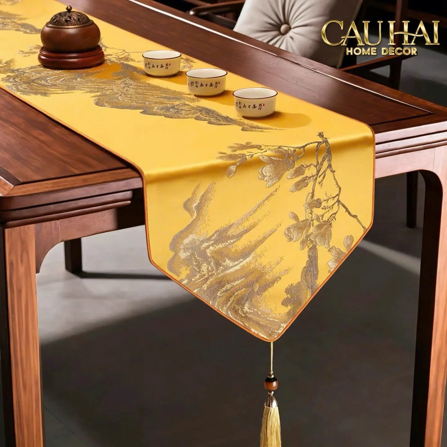 Tết Couture - Khăn Trải Bàn Lụa Thêu Kim Sơn Thuỷ Đồ 2m7 & 3m Table Runner-KHĂN TRẢI BÀN-CẬU HAI HOME DECOR