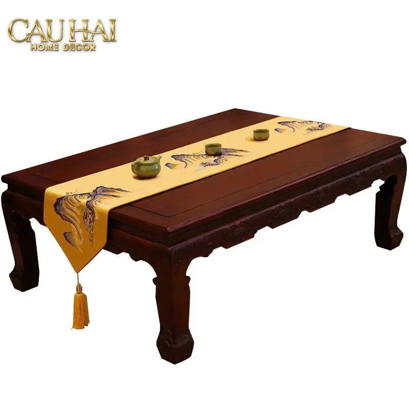 Tết Couture - Khăn Trải Bàn Lụa Thêu Kim Sơn Thuỷ Đồ 2m7 & 3m Table Runner-KHĂN TRẢI BÀN-CẬU HAI HOME DECOR
