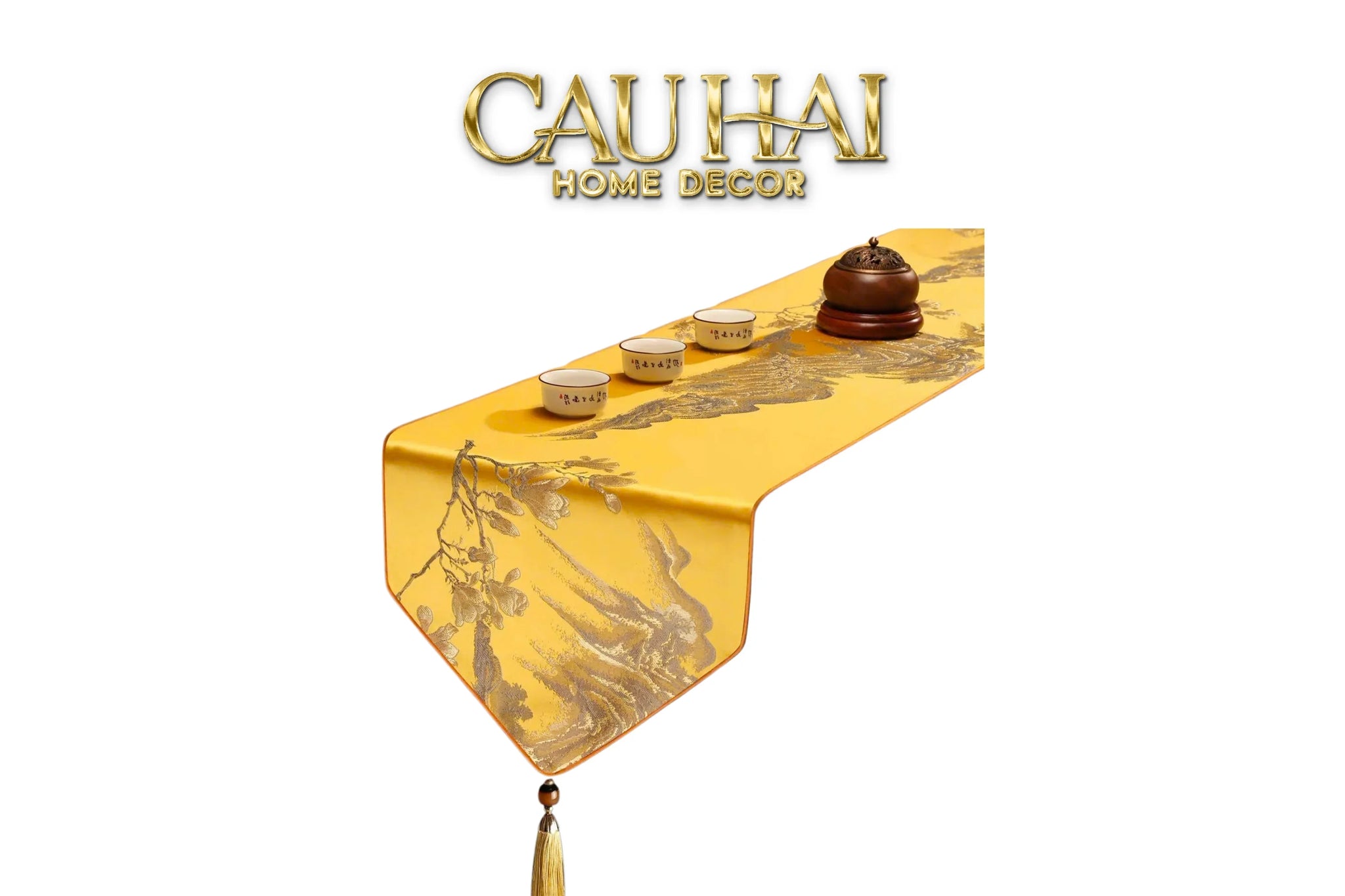 Tết Couture - Khăn Trải Bàn Lụa Thêu Kim Sơn Thuỷ Đồ 2m7 & 3m Table Runner-KHĂN TRẢI BÀN-CẬU HAI HOME DECOR