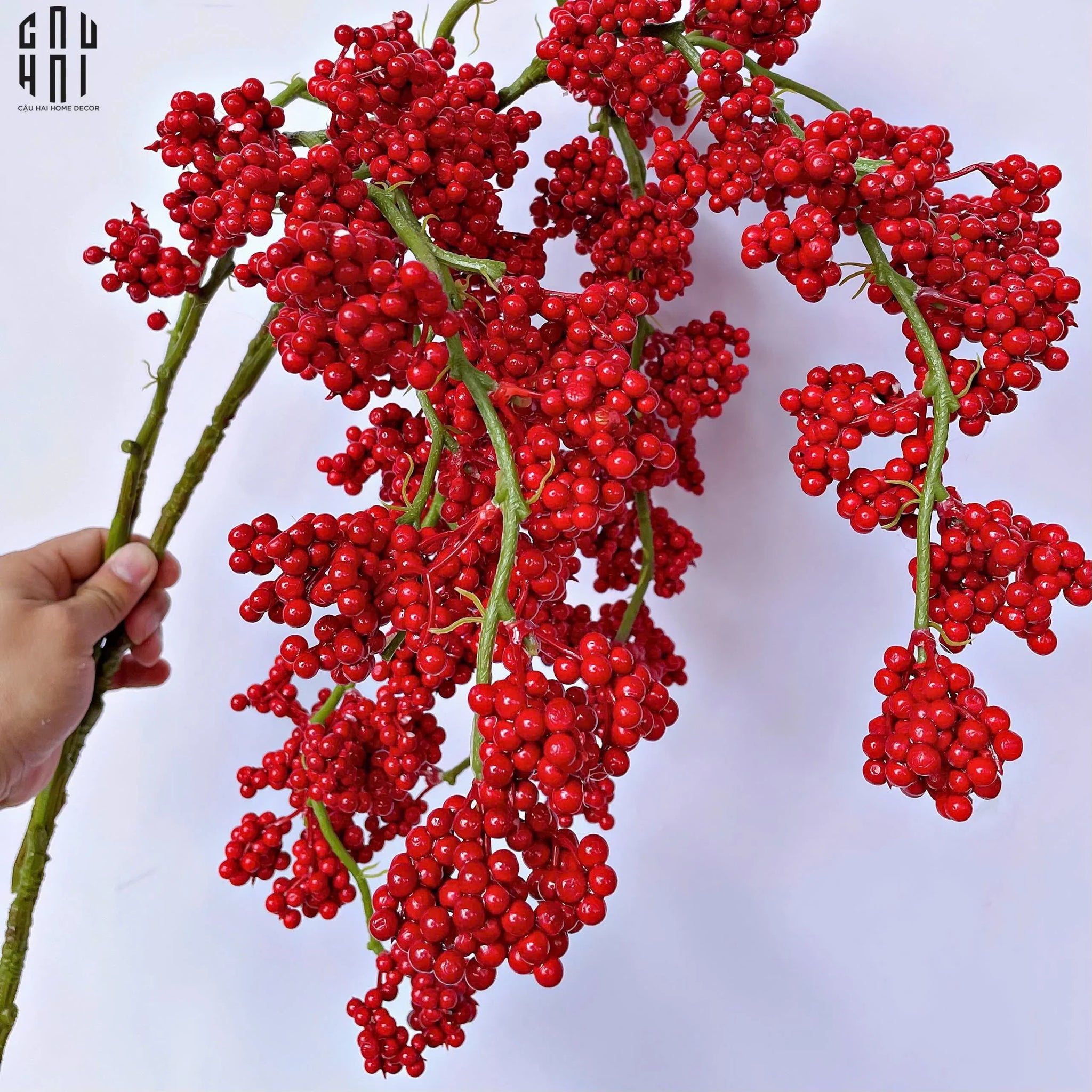 Tết Couture - Set 2 Cành Đào Đông Petite Grappe Rouge D’Hiver-Hoa Lụa-CẬU HAI HOME DECOR