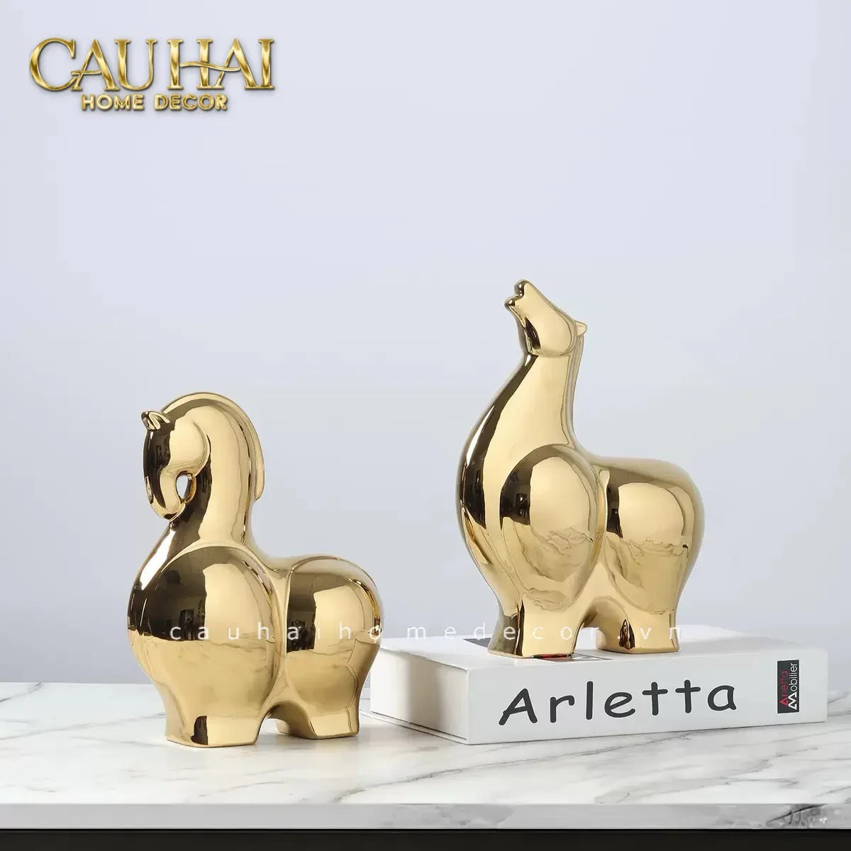 Tết Couture - Set 2 Tượng Ngựa Sứ Tráng Men Mạ Vàng Golden Cheval de Fortune H22/25-TƯỢNG TRANG TRÍ-CẬU HAI HOME DECOR