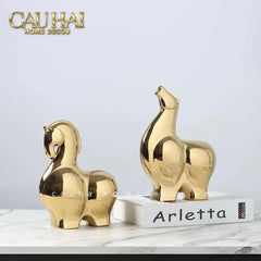 Tết Couture - Set 2 Tượng Ngựa Sứ Tráng Men Mạ Vàng Golden Cheval de Fortune H22/25-TƯỢNG TRANG TRÍ-CẬU HAI HOME DECOR