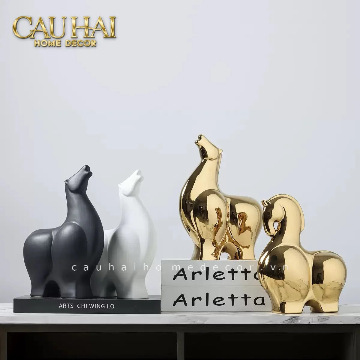 Tết Couture - Set 2 Tượng Ngựa Sứ Tráng Men Mạ Vàng Golden Cheval de Fortune H22/25-TƯỢNG TRANG TRÍ-CẬU HAI HOME DECOR