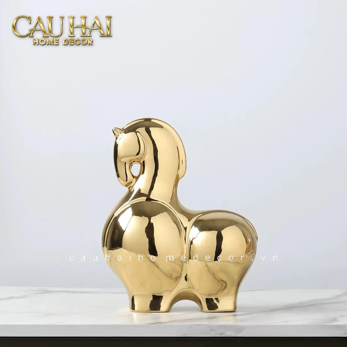 Tết Couture - Set 2 Tượng Ngựa Sứ Tráng Men Mạ Vàng Golden Cheval de Fortune H22/25-TƯỢNG TRANG TRÍ-CẬU HAI HOME DECOR