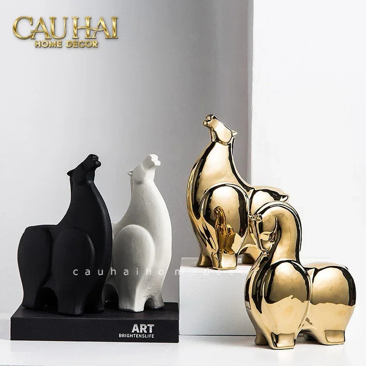 Tết Couture - Set 2 Tượng Ngựa Sứ Tráng Men Mạ Vàng Golden Cheval de Fortune H22/25-TƯỢNG TRANG TRÍ-CẬU HAI HOME DECOR
