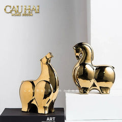 Tết Couture - Set 2 Tượng Ngựa Sứ Tráng Men Mạ Vàng Golden Cheval de Fortune H22/25-TƯỢNG TRANG TRÍ-CẬU HAI HOME DECOR