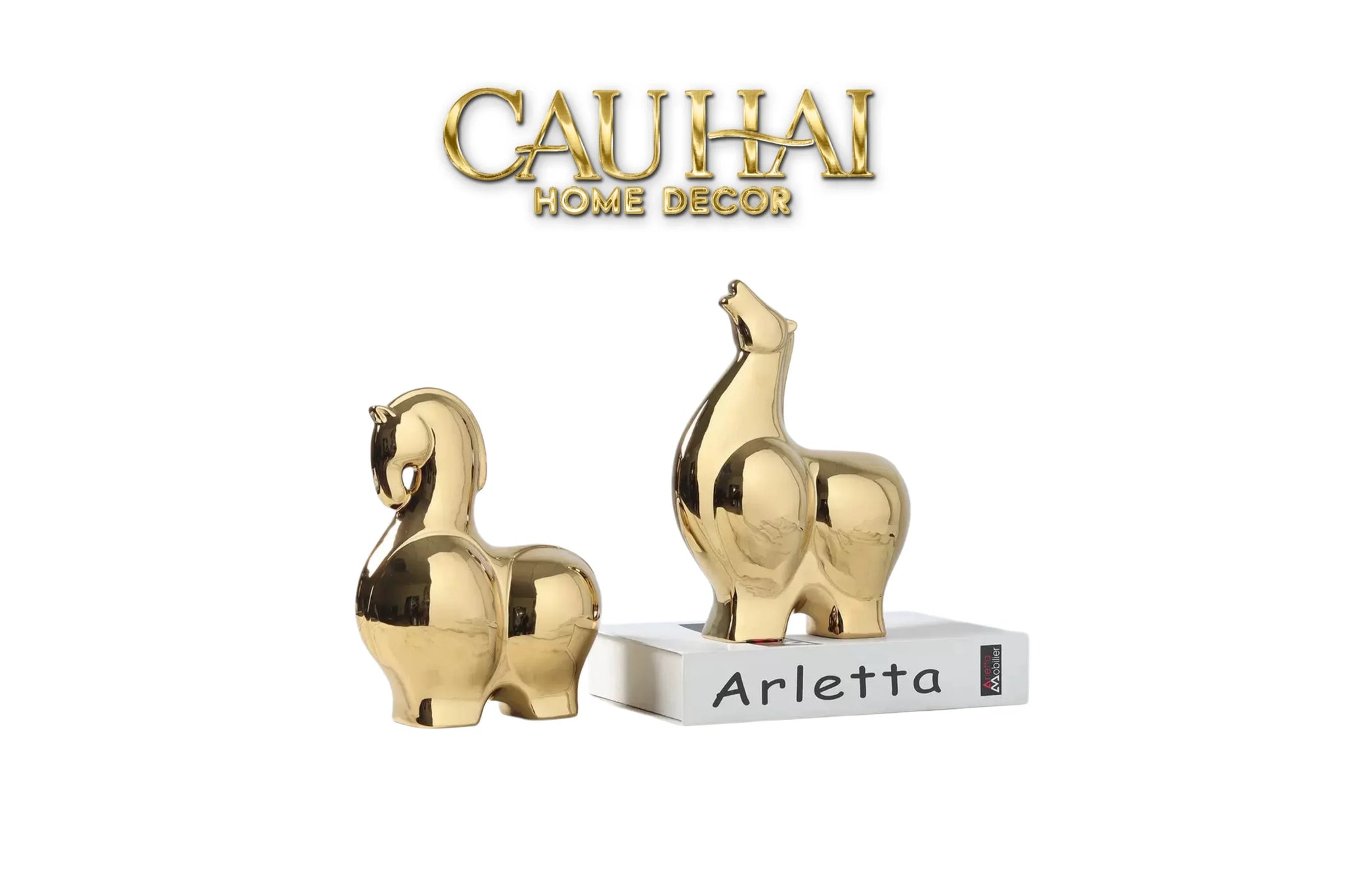 Tết Couture - Set 2 Tượng Ngựa Sứ Tráng Men Mạ Vàng Golden Cheval de Fortune H22/25-TƯỢNG TRANG TRÍ-CẬU HAI HOME DECOR