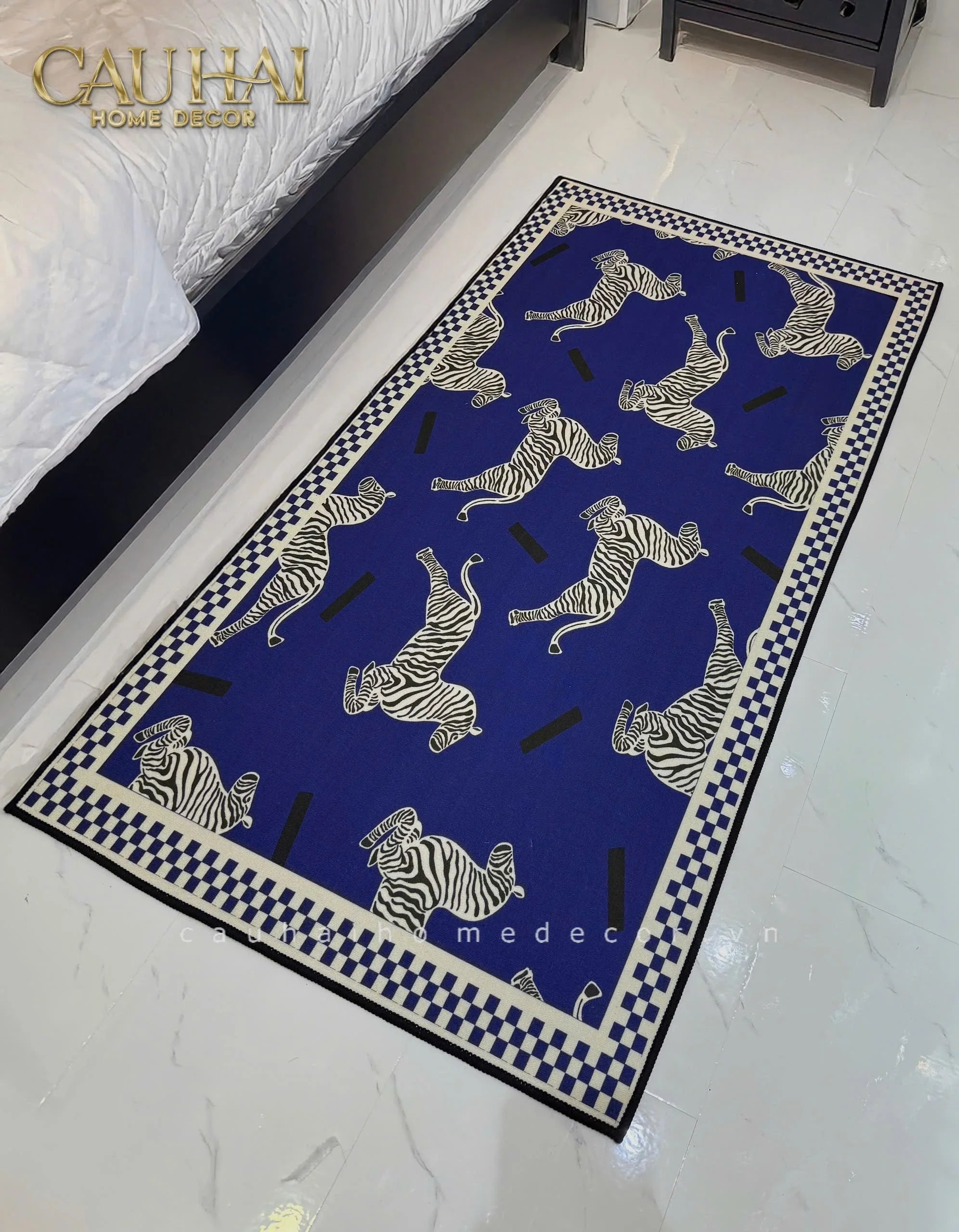 Thảm Bed Nhung Bỉ 80X160 - Zebra Dance - Dark Navy-THẢM TRÒN - THẢM BED-CẬU HAI HOME DECOR