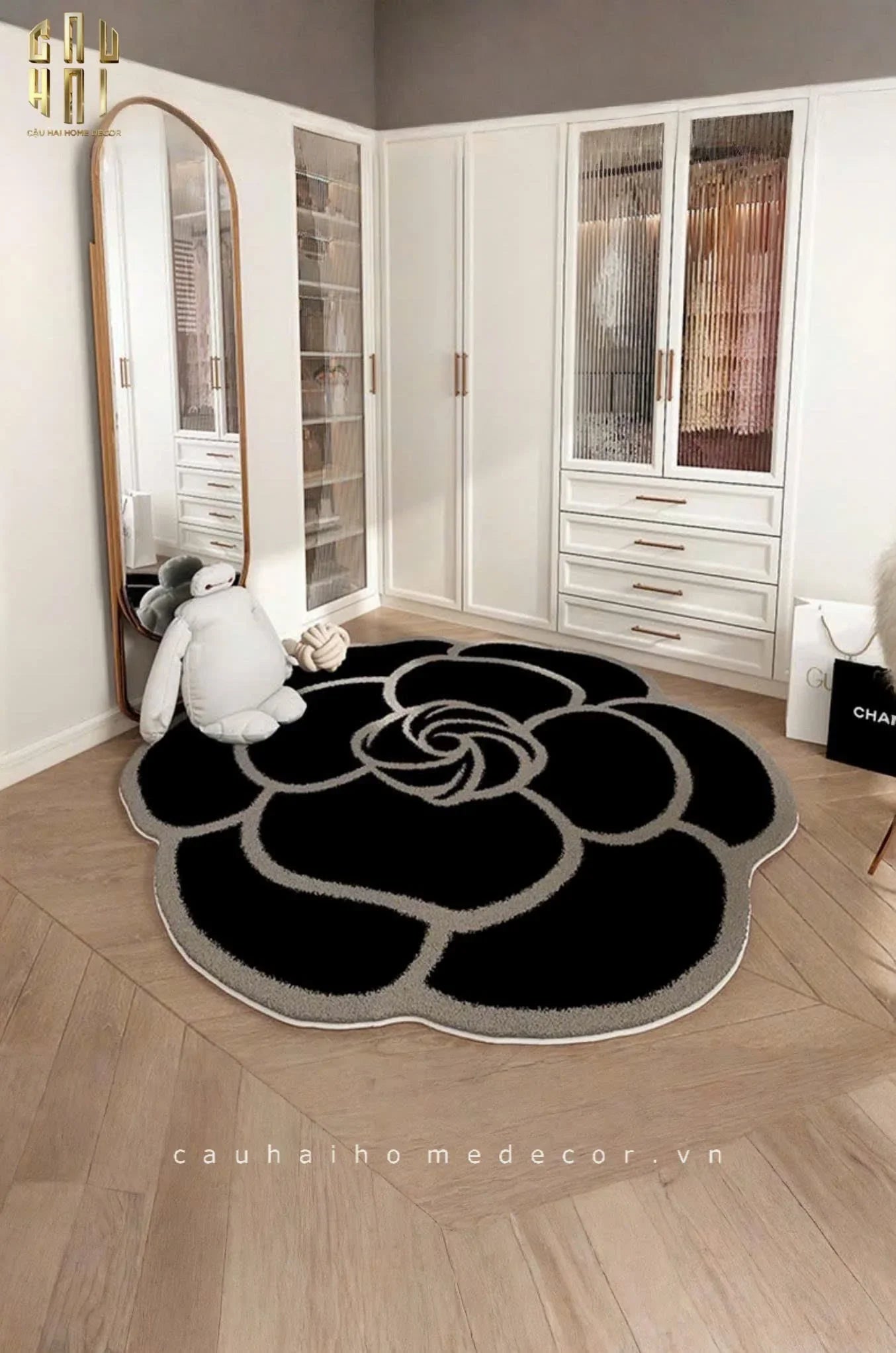 Thảm Bed Tròn Dệt Kim Hoa Trà Đen D100 Camélia Noir-THẢM TRÒN - THẢM BED-CẬU HAI HOME DECOR