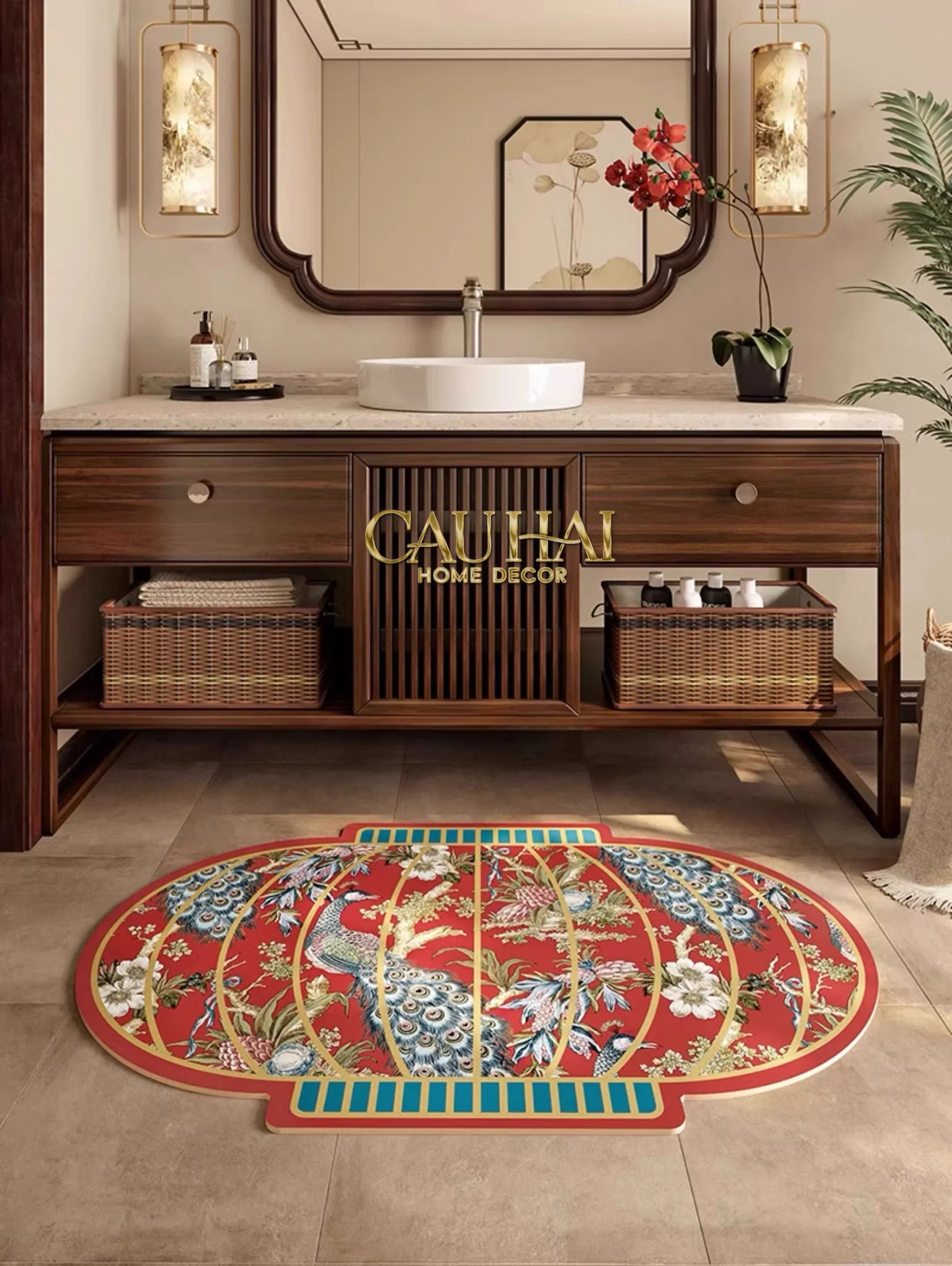 Thảm Cửa Micro Nappa Gen8 50x80 - Khổng Tước Hỷ Mãn Đường - Lantern Dynasty Paon-CẬU HAI HOME DECOR