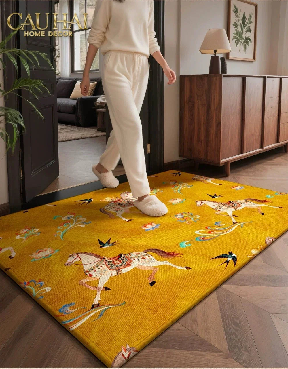 Thảm Cửa Nhung Bỉ 80x100 - Kim Mã Tam Bảo - Triptyque Fortune Chevaux-THẢM CỬA-CẬU HAI HOME DECOR-CẬU HAI HOME DECOR