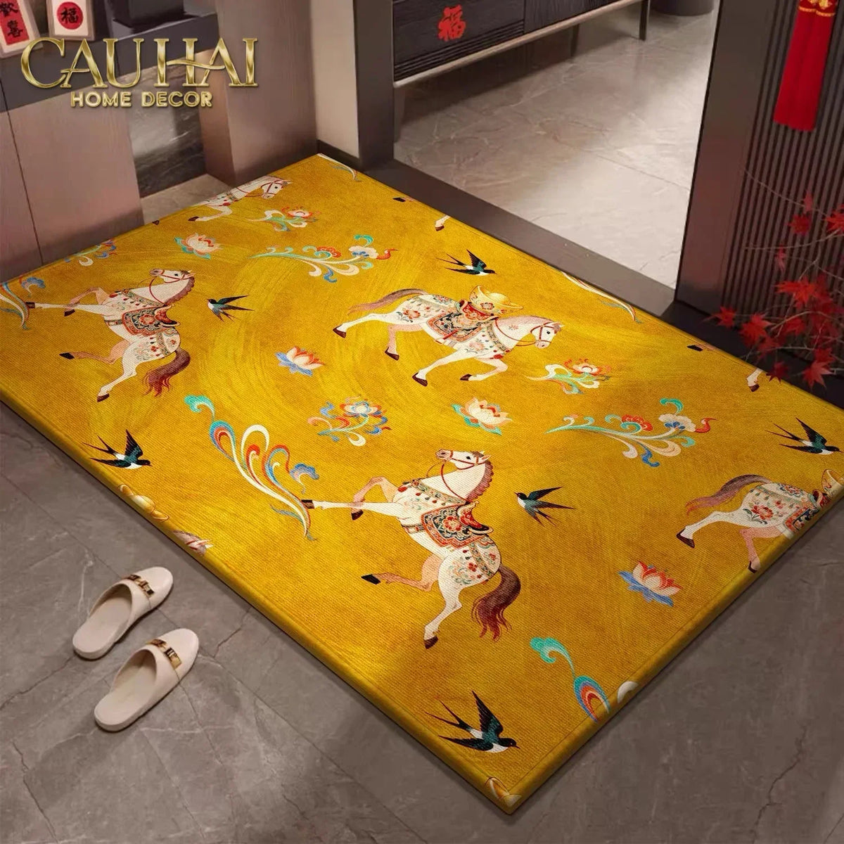 Thảm Cửa Nhung Bỉ 80x100 - Kim Mã Tam Bảo - Triptyque Fortune Chevaux-THẢM CỬA-CẬU HAI HOME DECOR-CẬU HAI HOME DECOR