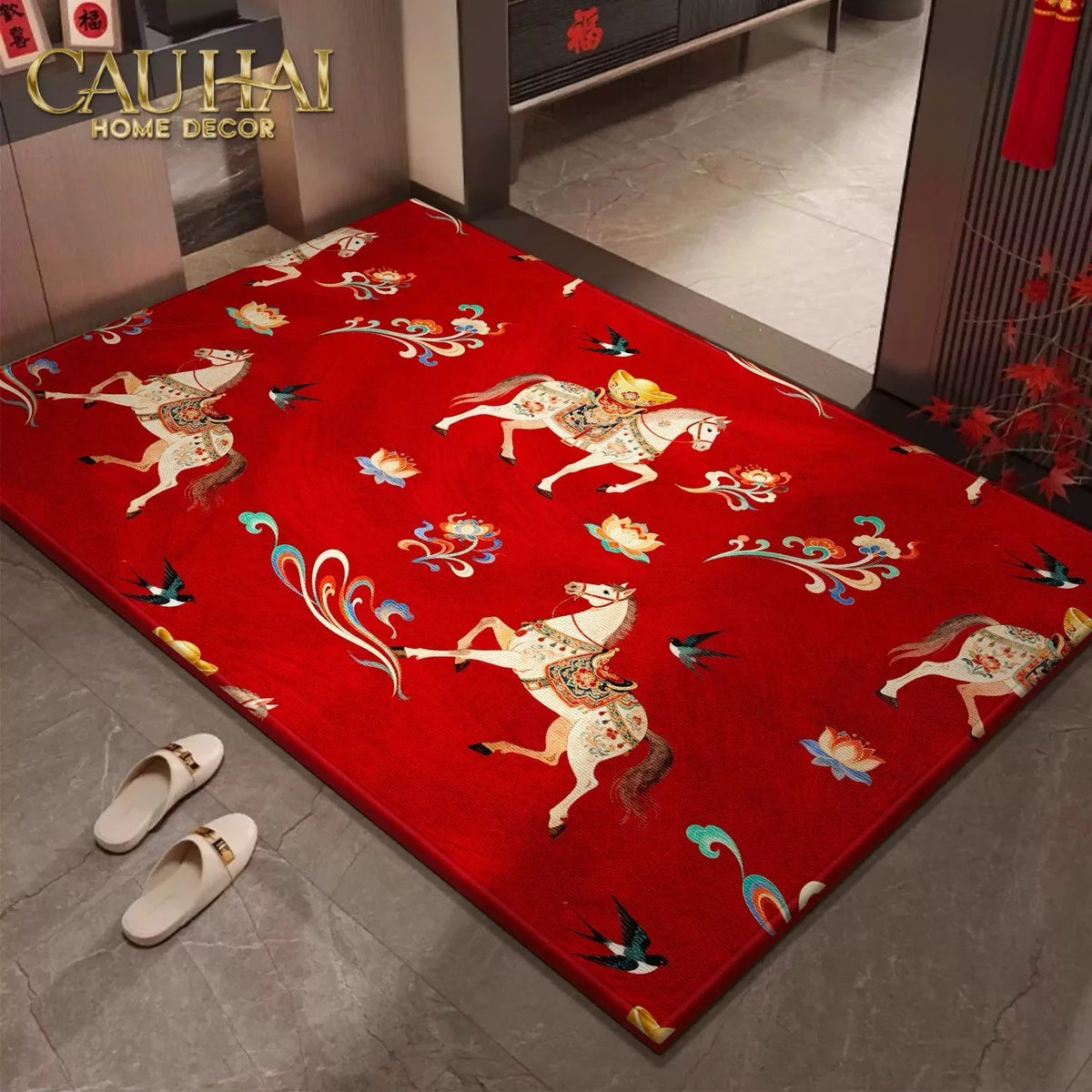 Thảm Cửa Nhung Bỉ 80x100 - Kim Mã Tam Bảo - Triptyque Fortune Chevaux-THẢM CỬA-CẬU HAI HOME DECOR-CẬU HAI HOME DECOR