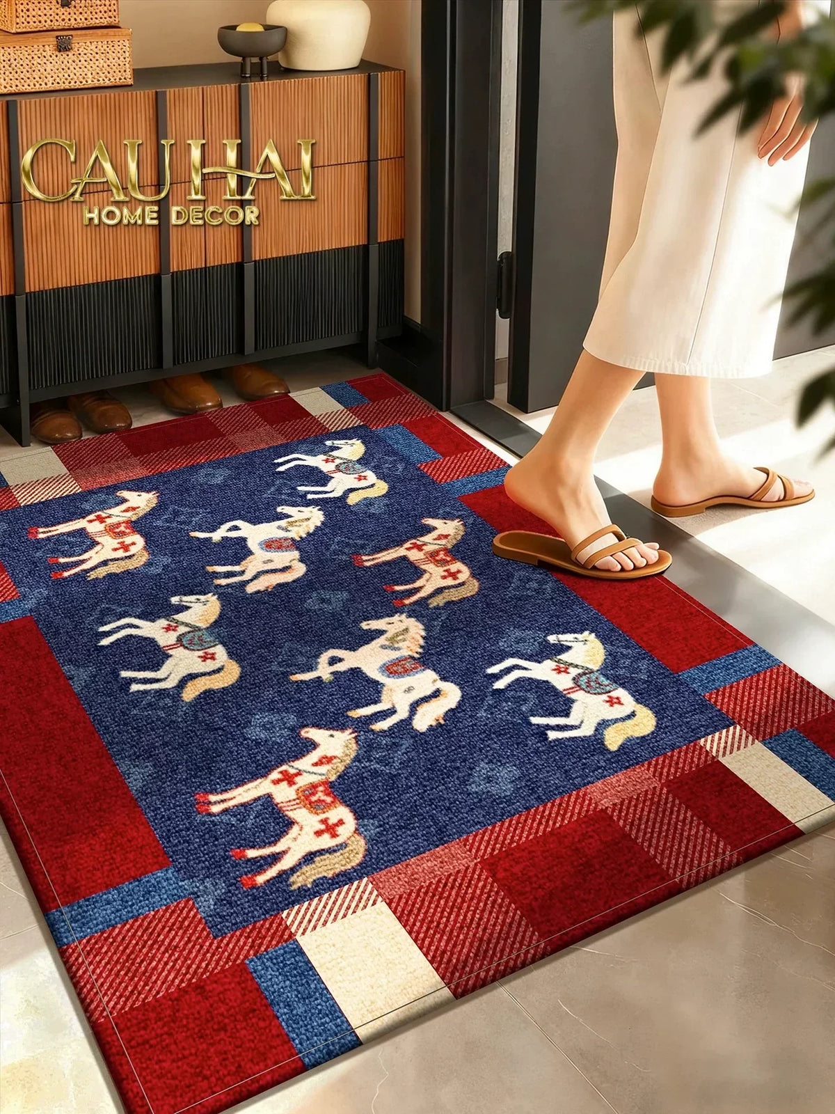 Thảm Cửa Sợi Dệt 80x120 Ngựa Hoàng Gia - Équestre Royale Bleu Fleur de Monogram-THẢM CỬA-Đối tác tại Trung Quốc theo từng đơn đặt hàng-CẬU HAI HOME DECOR