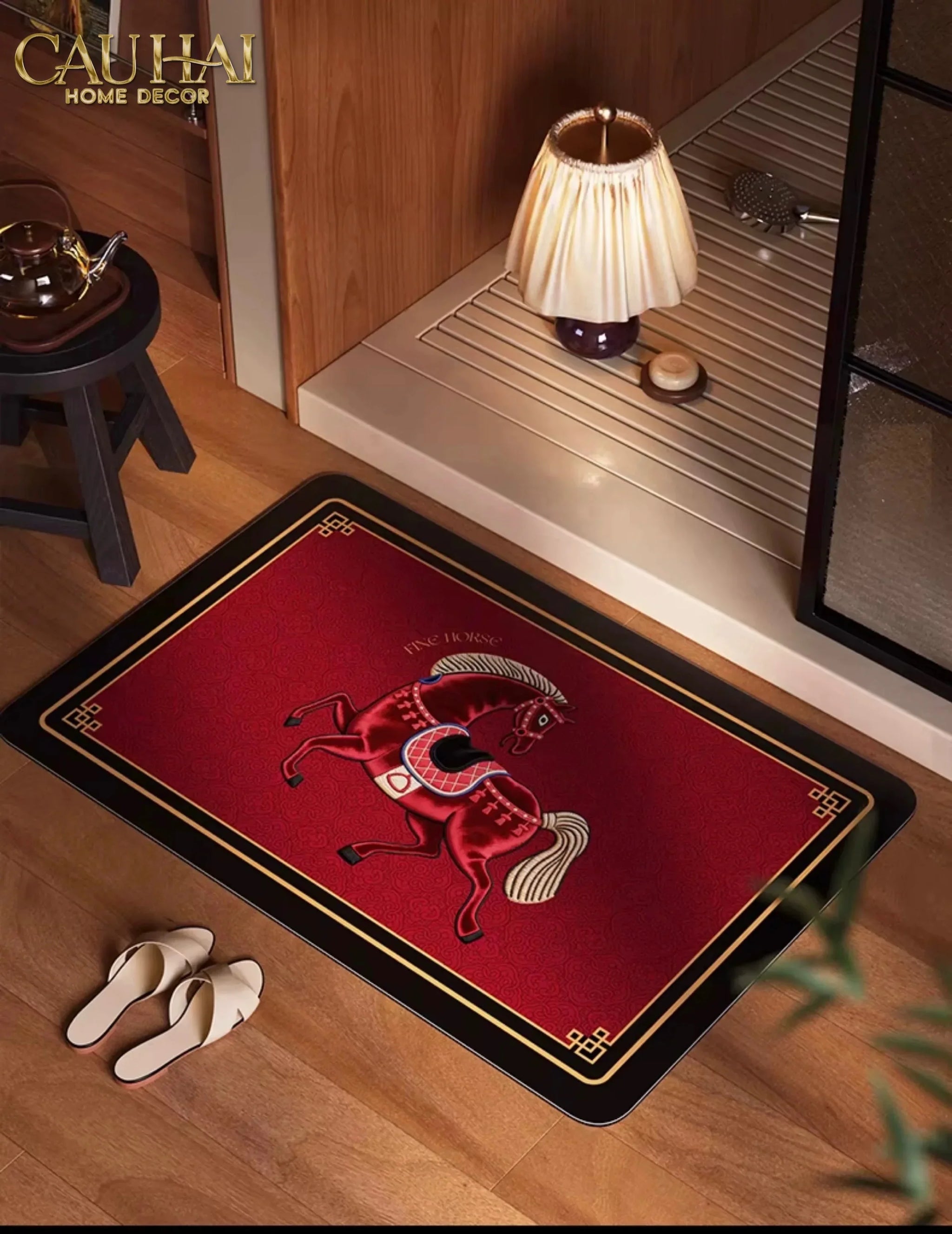 Thảm Cửa / Thảm Bathroom Micro Nappa Gen8 55*90/60*120 - Impérial Équestre Embroidered Cheval - Ruby Rouge-Thảm cửa / bathroom-CẬU HAI HOME DECOR