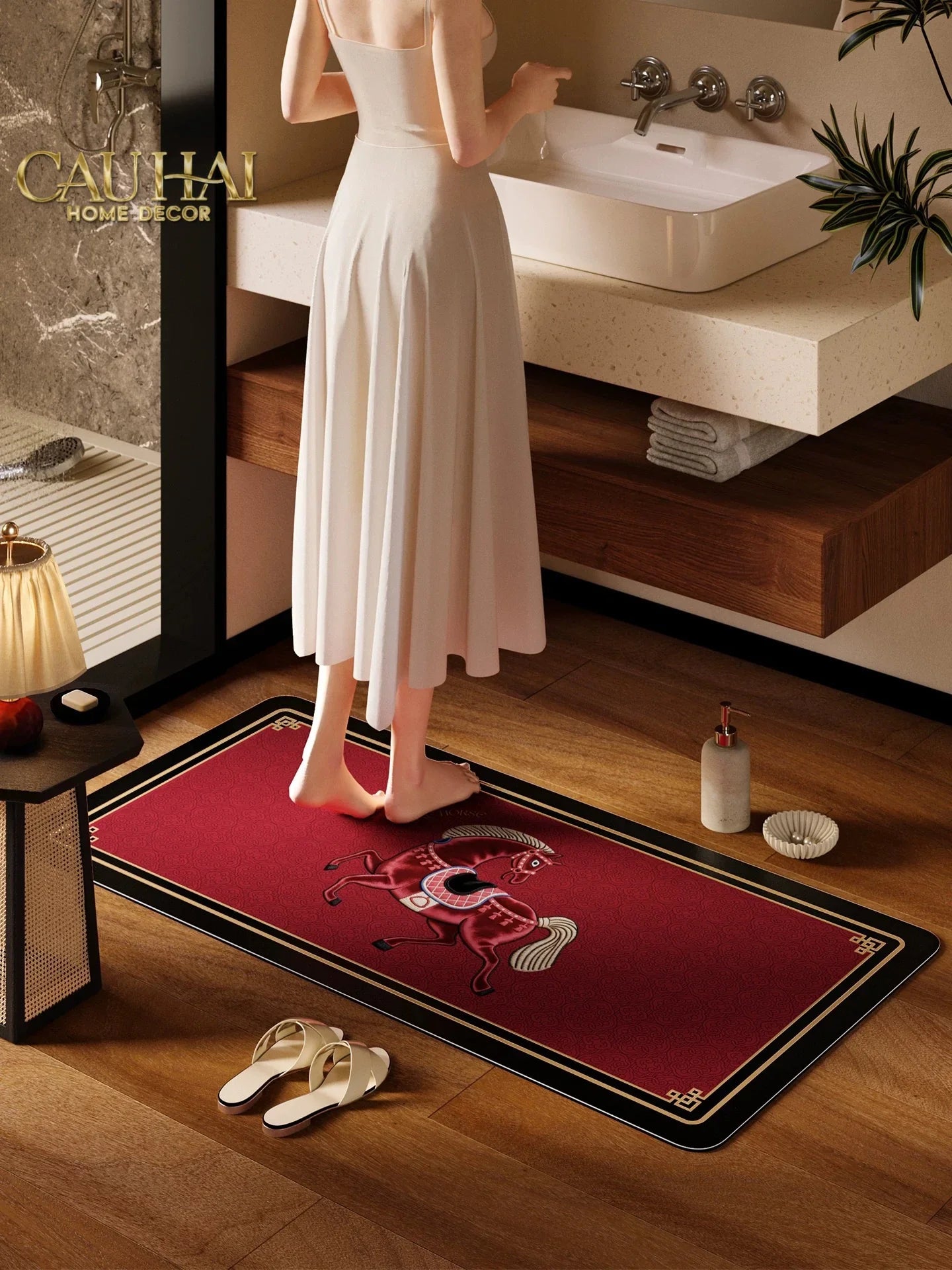 Thảm Cửa / Thảm Bathroom Micro Nappa Gen8 55x90 - Impérial Équestre Embroidered Cheval - Ruby Rouge-CẬU HAI HOME DECOR