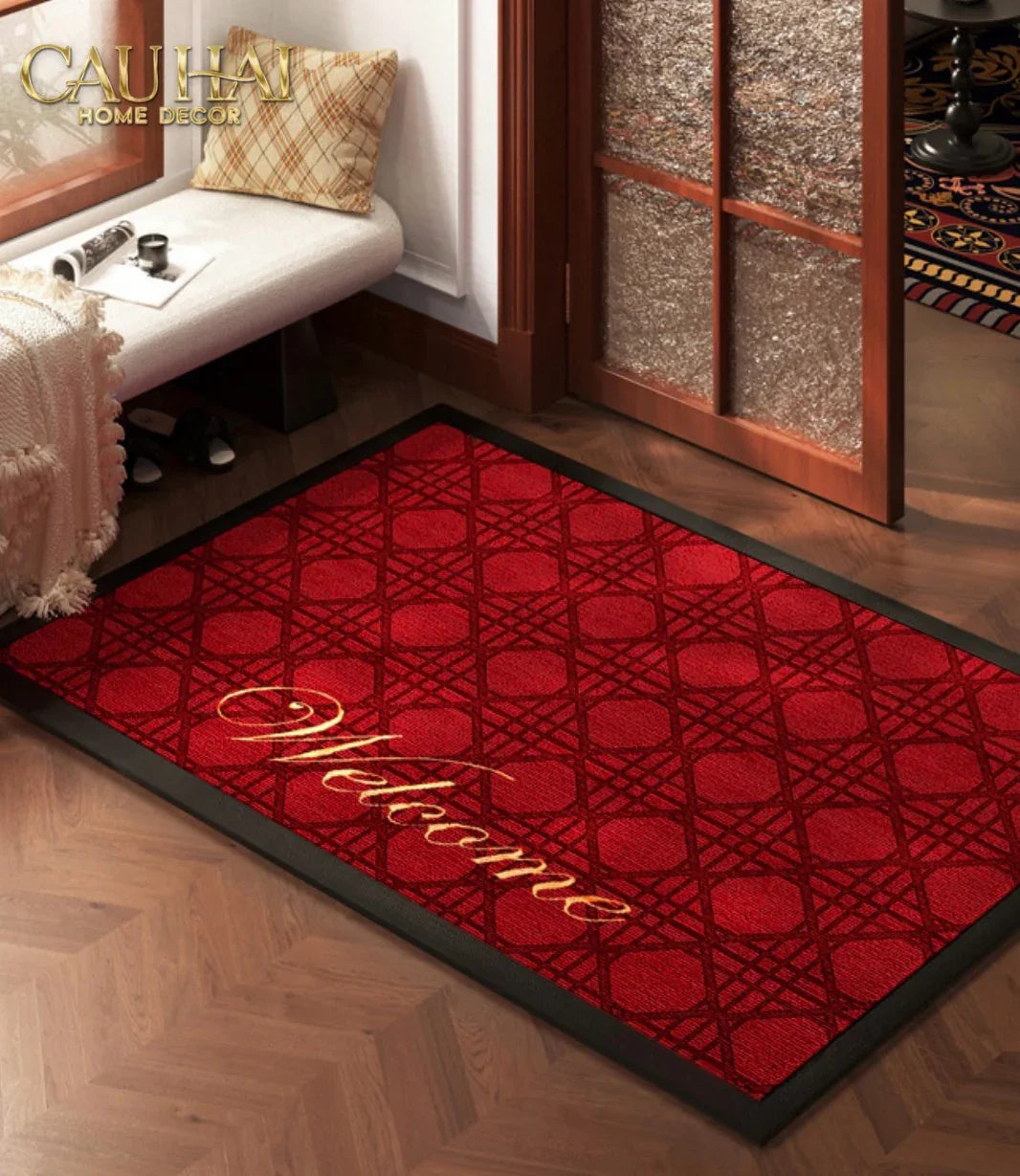 Thảm Ngăn Bụi Sợi Poly Dệt 80x100 Rouge Cannage Bienvenue - Dập Viền Da-THẢM TRẢI SÀN-CẬU HAI HOME DECOR-CẬU HAI HOME DECOR