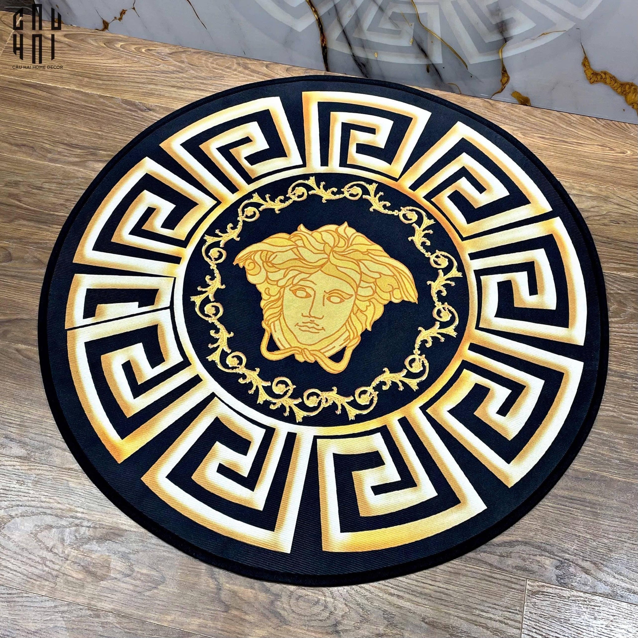 Thảm Tròn D80 Nhung Bỉ - Ronde Carpet Gianni Vers. Medusa Greek Key-THẢM TRÒN - THẢM BED-CẬU HAI HOME DECOR