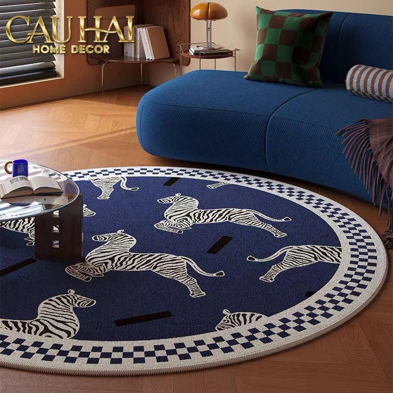 Thảm Tròn Nhung Bỉ - La Danse Du Zèbre - Bleu Indigo D140-THẢM TRÒN - THẢM BED-CẬU HAI HOME DECOR