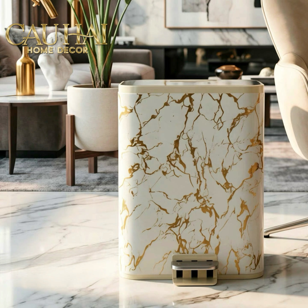 Thùng Rác Bọc Da Đạp Chân Thép Marble Silencieux Ivory 25L-CẬU HAI HOME DECOR-CẬU HAI HOME DECOR
