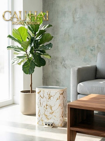 Thùng Rác Bọc Da Đạp Chân Thép Marble Silencieux Ivory 25L-CẬU HAI HOME DECOR-CẬU HAI HOME DECOR
