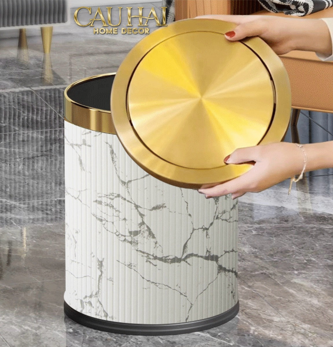 Thùng Rác Da Vân Đá Marble Prime Minimal Desk Trash Cans 9L 20x31-Thùng Rác-CẬU HAI HOME DECOR