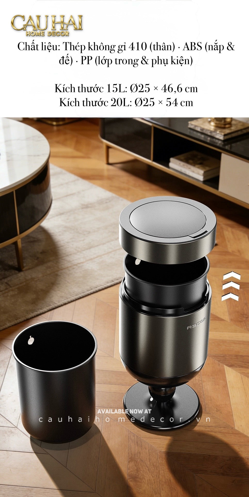 Thùng Rác Titanium Goblet Stainless Steel Modernist Trash Cans 20L 25x54-Thùng Rác-CẬU HAI HOME DECOR